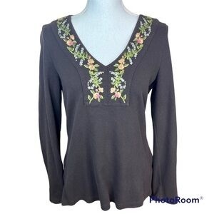 Express Vintage Y2K Brown Bohemian Hippie Embroidered Floral Peasant Blouse L